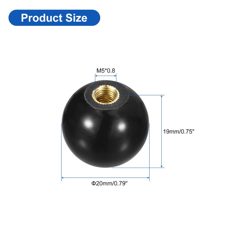 يو إكس سيل مقابض كروية مترابطة من uxcell، مقبض كروي M5 أنثى بخيط حراري 20 مم، مقابض كروية دائرية مع حشوة نحاسية لمقبض رافعة الماكينة، أسود - Image 2